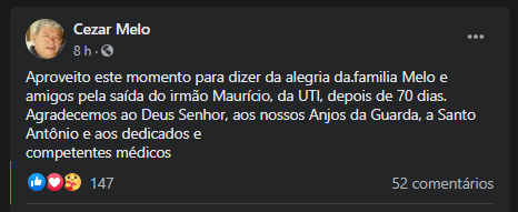 Maurício Melo deixa UTI após 70 dias de internação em Teresina