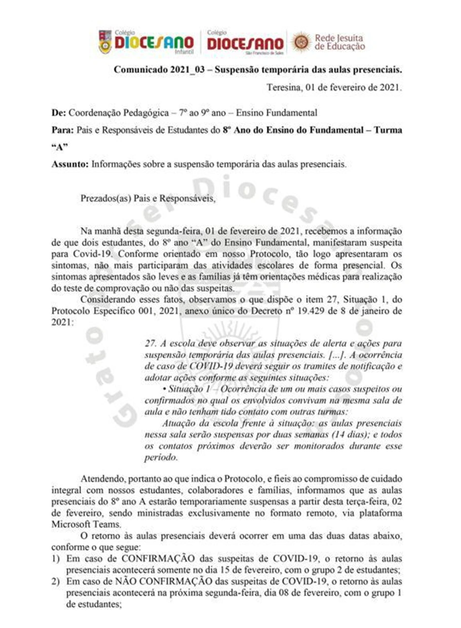 Comunicado do Colégio Diocesano