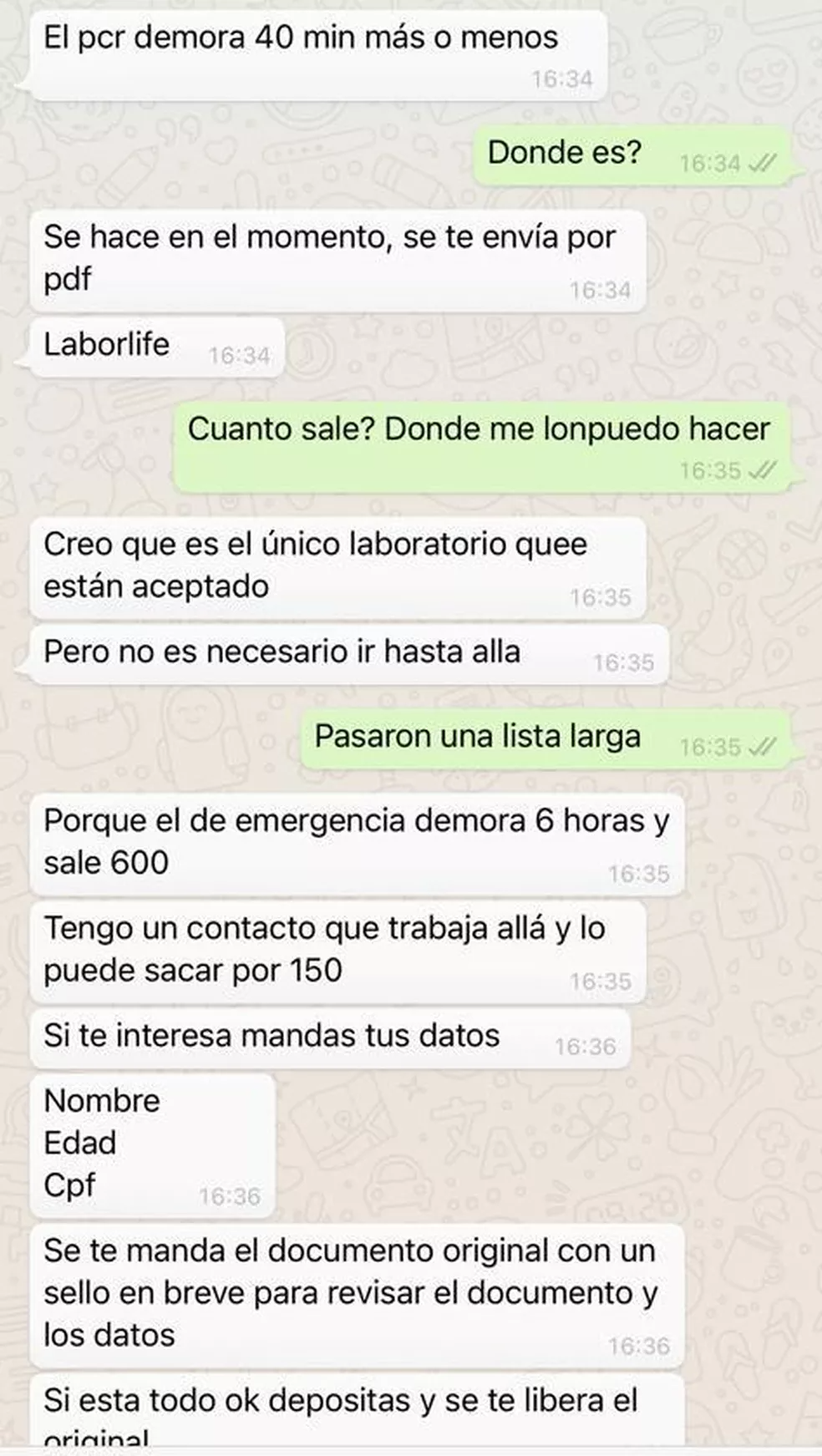 Mensagem do falsificador que prometia exames por R$ 150 — Foto: Reprodução