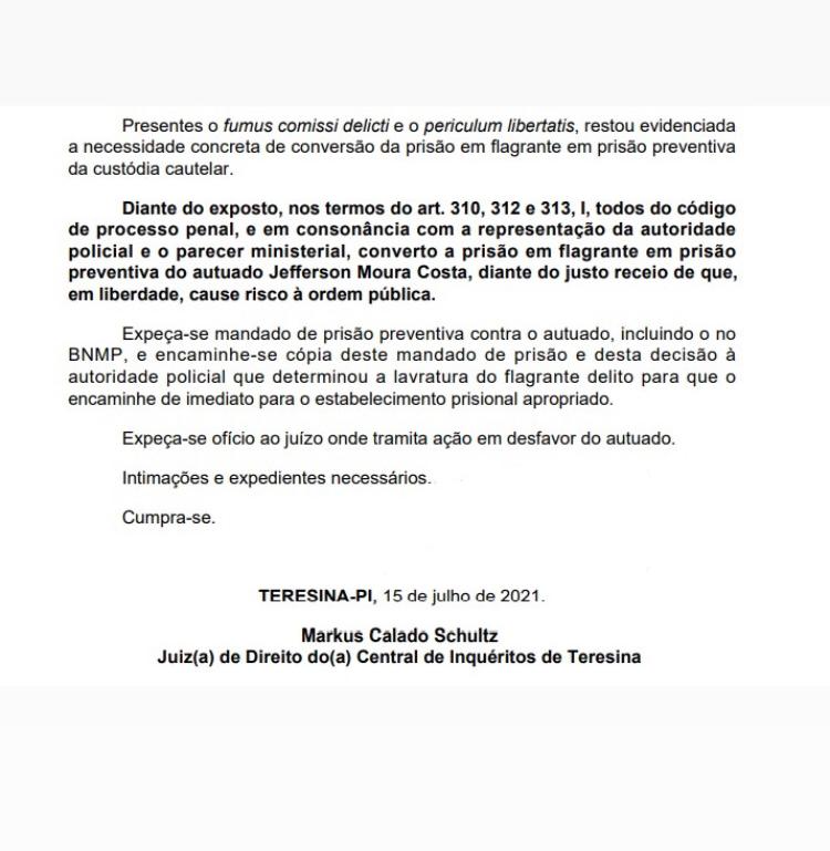Trecho da decisão do magistrado, decretando a prisão do acusado (Foto: Divulgação)