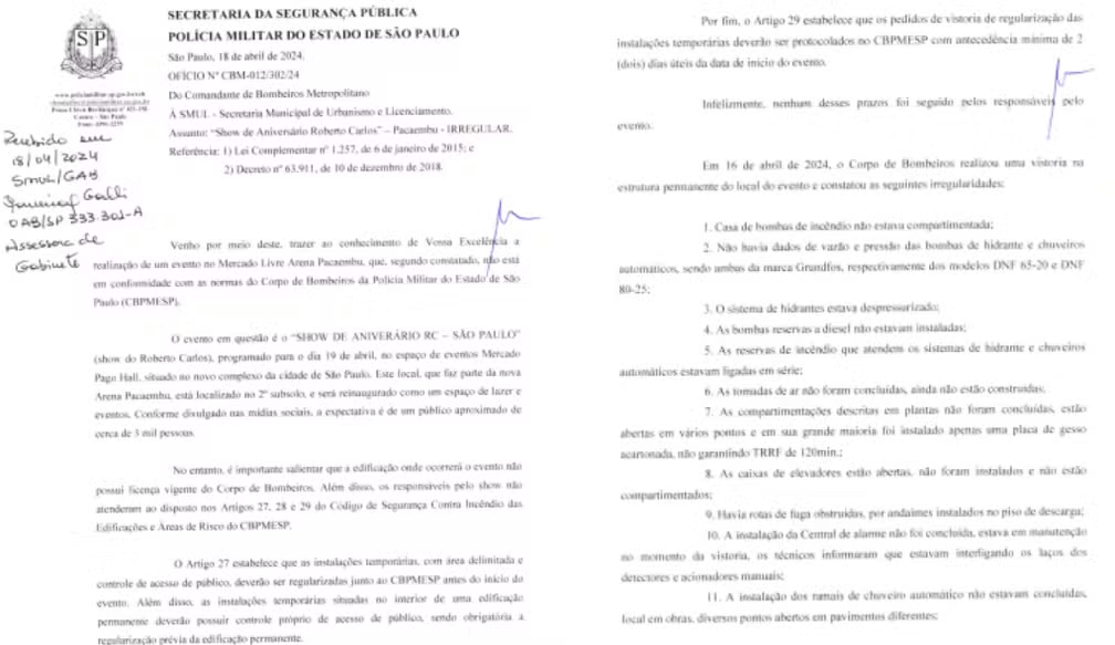 Documento dos Bombeiros protocolado na SMUL, da Prefeitura de SP. — Foto: Reprodução