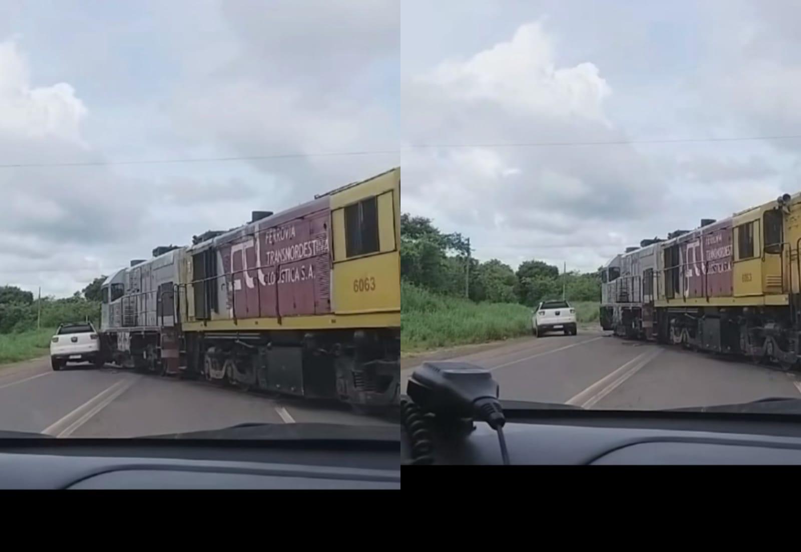 Apesar da batida o carro apenas contornou o trem depois do impacto e seguiu viagem