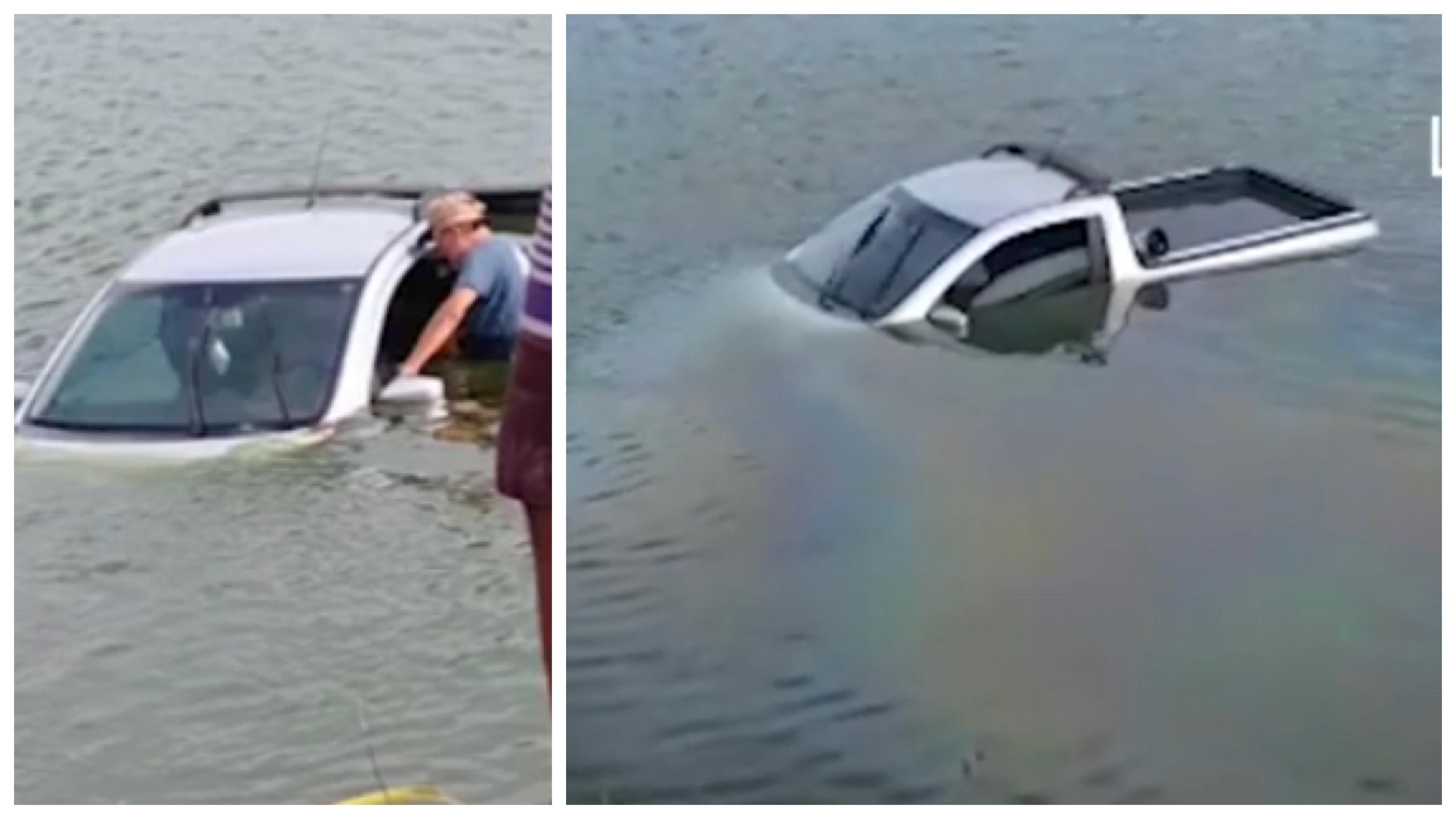 Carro vai dentro de lagoa durante ultrapassagem