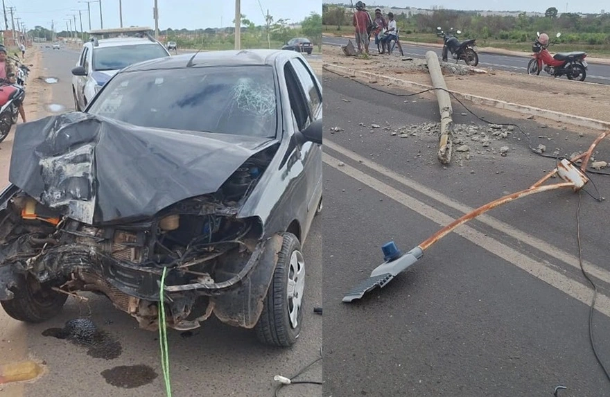 Motorista de carro colide contra poste e deixa moradores sem energia