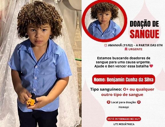 Benjamin está internado na UTI pediátrica do HUT e precisa urgente de doação sangue