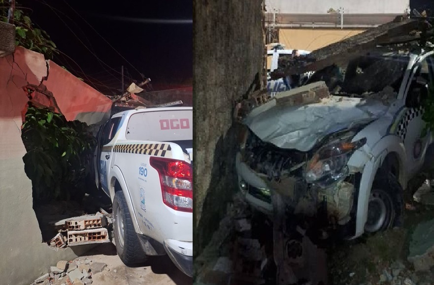 Viatura da PM colide em muro de residência durante perseguição em Parnaíba