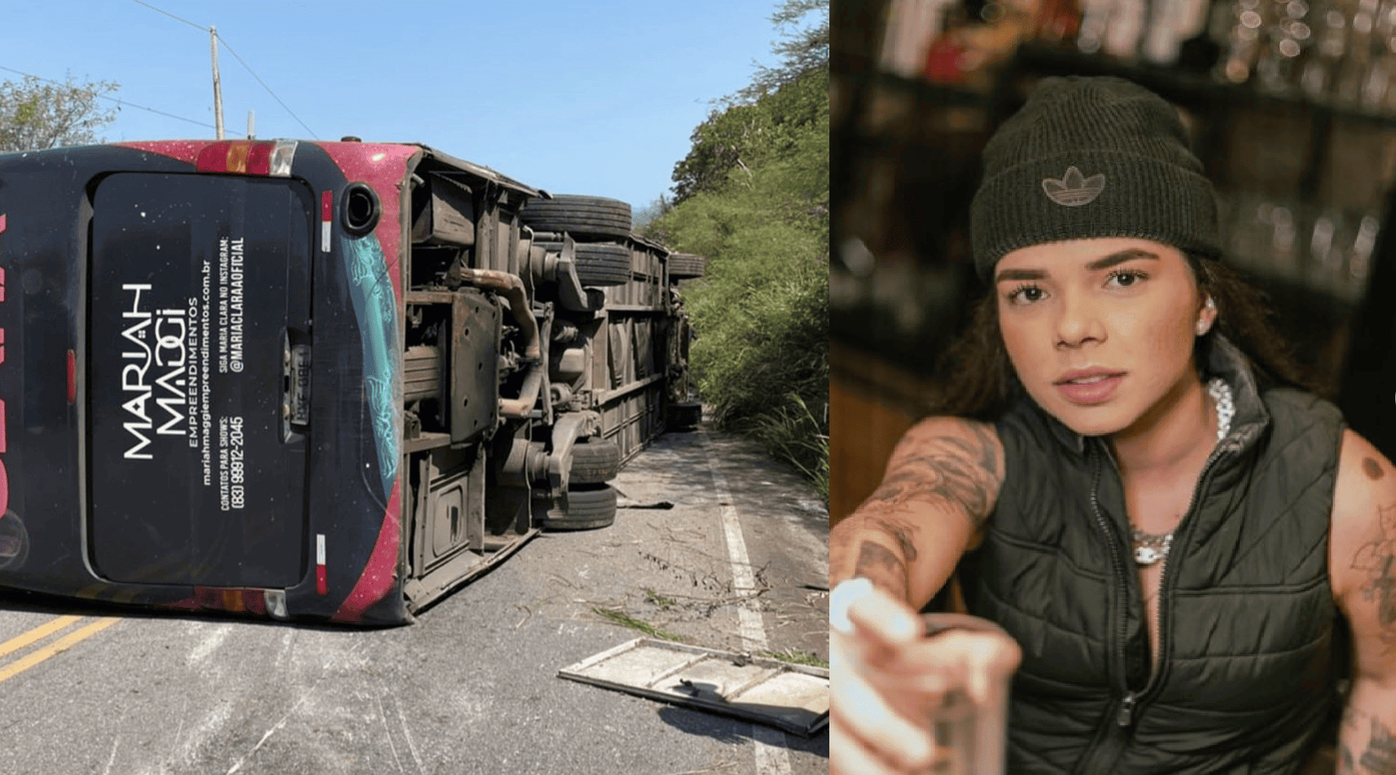 Ônibus tombado à esquerda e cantora Maria Clara à direita