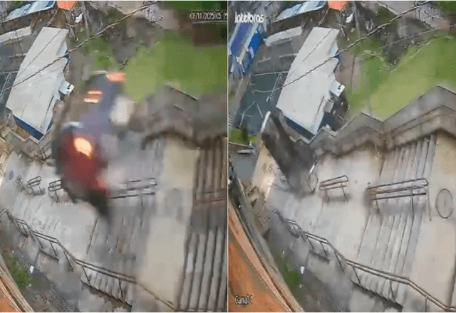 Carro despenca de escadaria em São Paulo após o motorista perder o controle do veículo