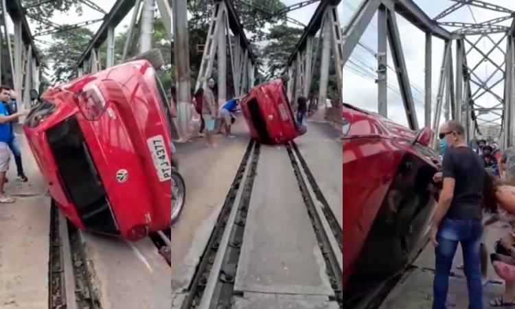 Carro capota na Ponte Metálica