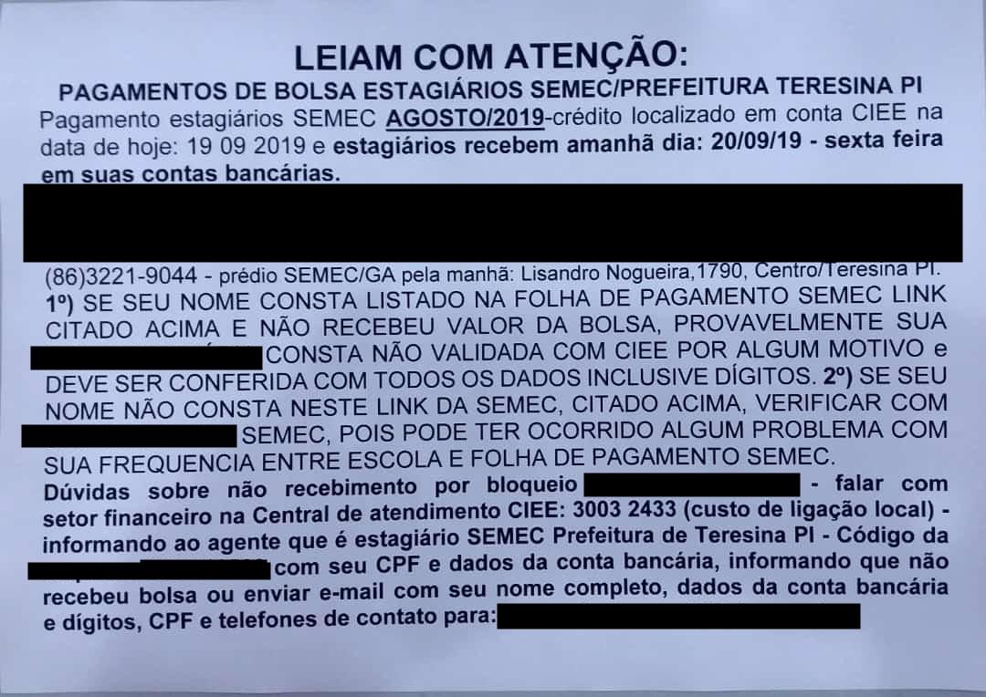 Aviso direcionado aos estagiários da rede municipal