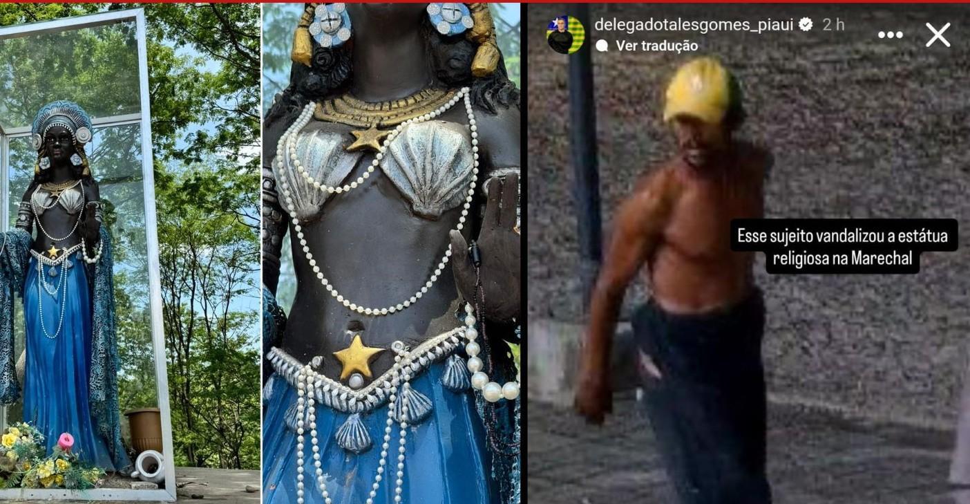 Estátua de Iemanjá na Avenida Marechal Castelo Branco teve vidro quebrado e parte da mão danificada durante ataque na véspera do dia 2 de fevereiro.