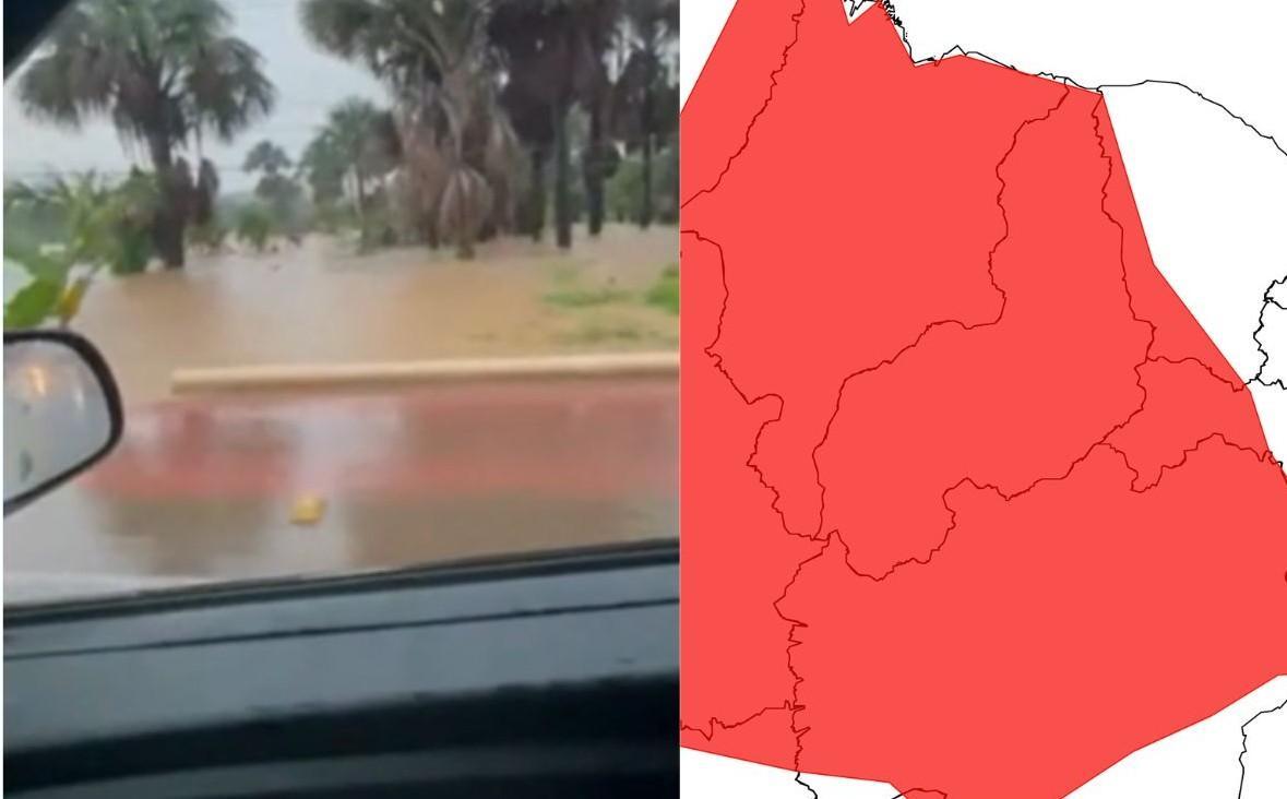 Riacho transborda após chuva de 91 mm e provoca interdição na PI-147, em Ribeiro Gonçalves, no Sul do Piauí.