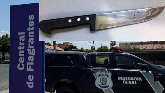 Na imagem, a Central de Flagrantes de Parnaíba e a faca usada no crime