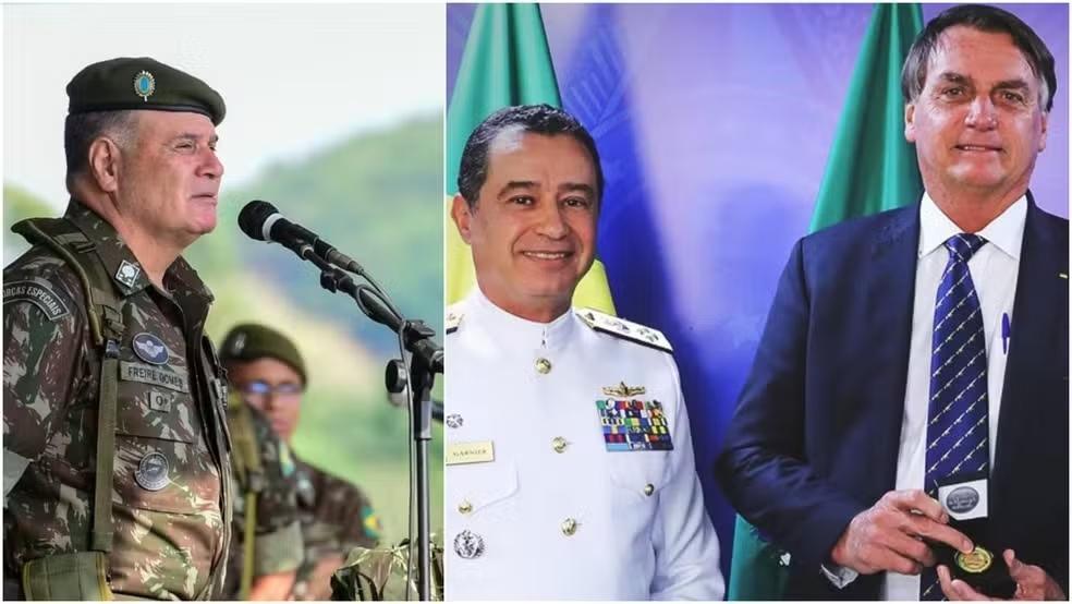 Montagem com fotos do ex-comandante do Exército general Marco Antônio Freire Gomes, do ex-comandante da Marinha almirante da Almir Garnier Santos e do ex-presidente Jair Bolsonaro