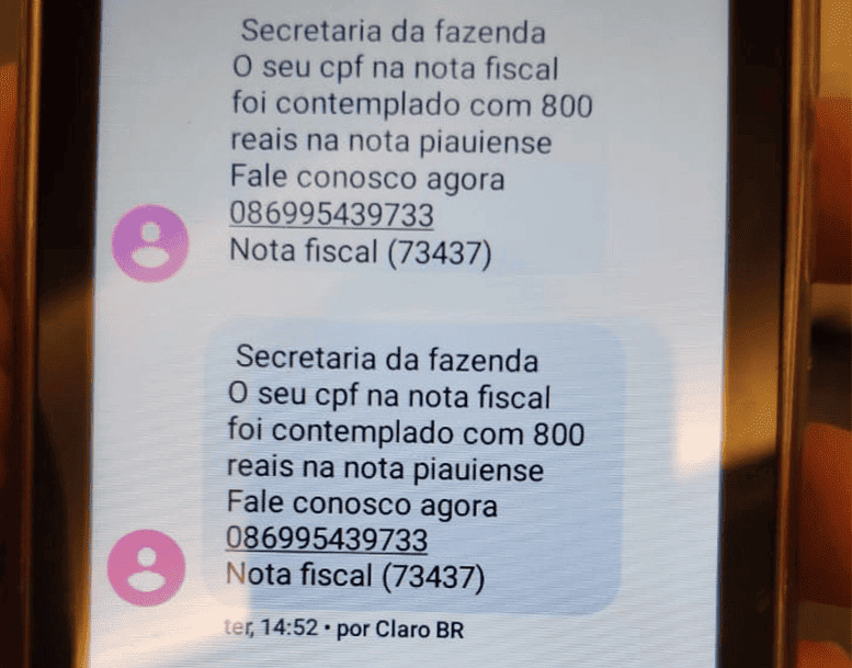 Mensagens falsas recebidas pelas vítimas