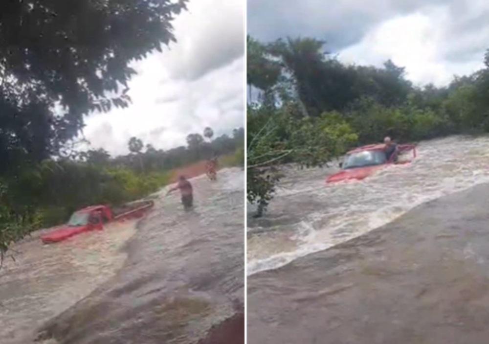 Carro é arrastado pela água ao atravessar passagem molhada em Batalha
