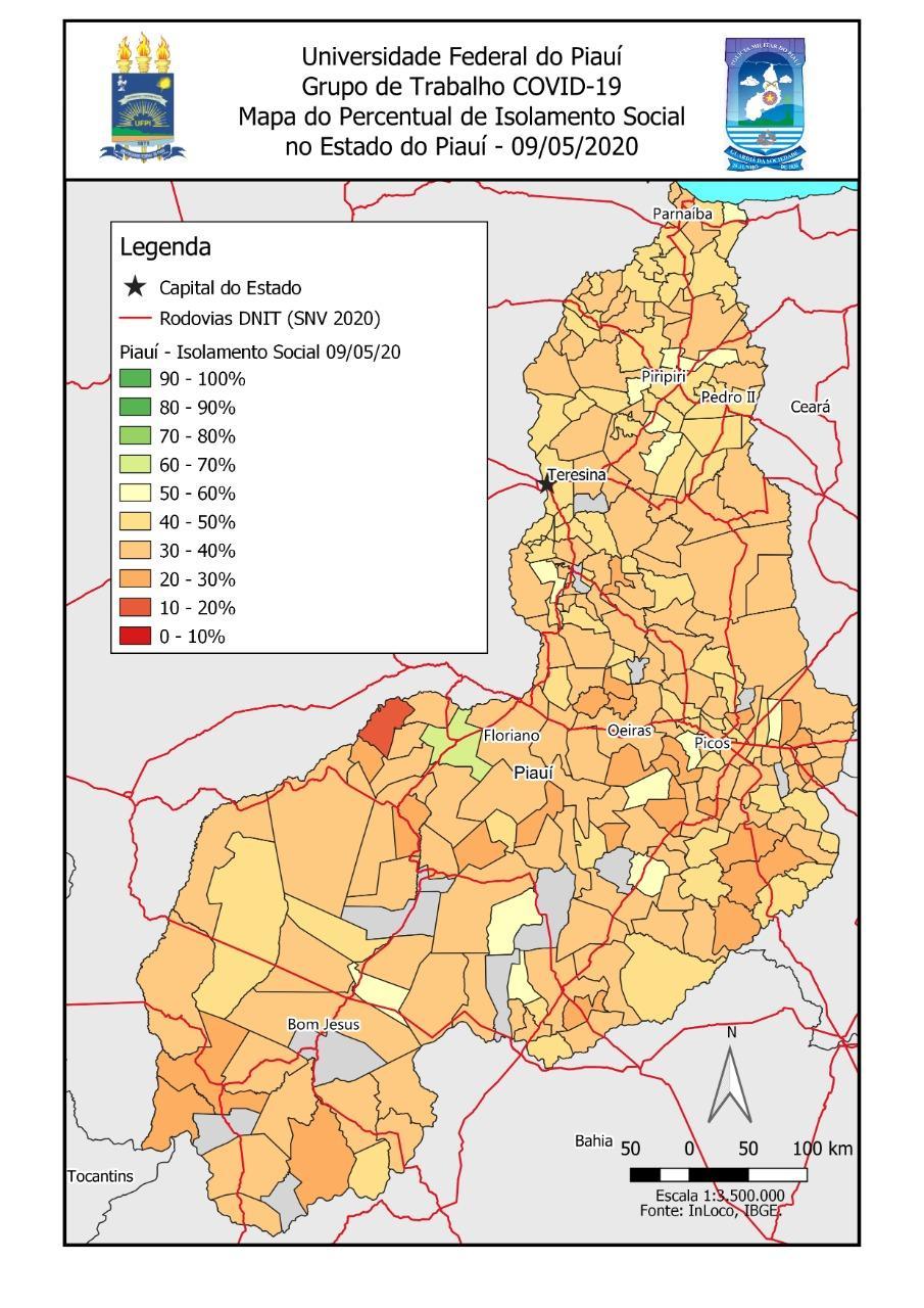 Mapa do Piauí com dados sobre o isolamento social