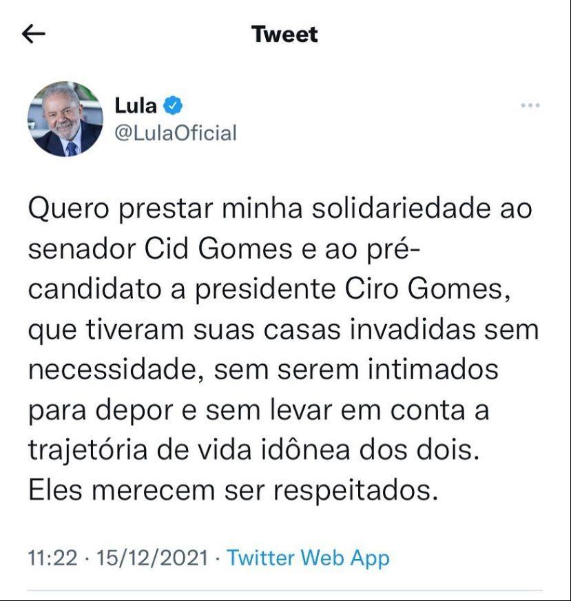 Mensagem de Lula no Twitter