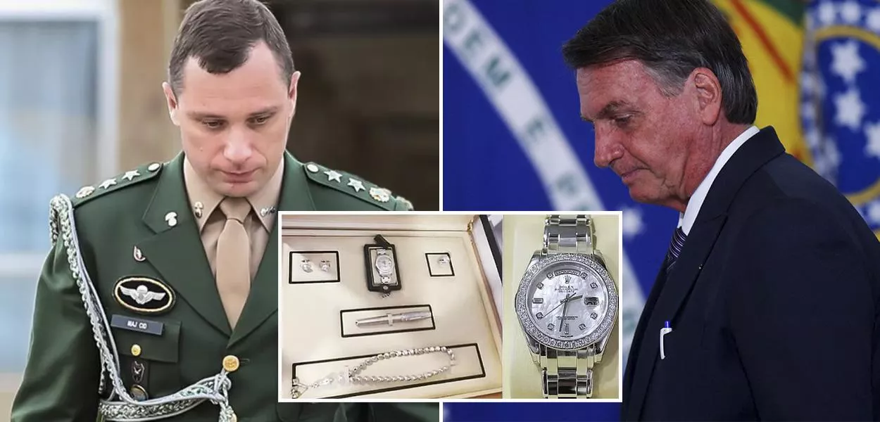 Mauro Cid (à esq.), Jair Bolsonaro e joias dadas ao Brasil