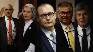 Os ministros da primeira turma do STF: Alexandre de Moraes, Carmén Lucia, Cristiano Zanin, Flávio Dino e Luiz Fux julgam trama golpista