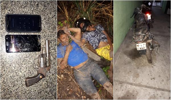 Material apreendido e homens detidos por policiais do 5º BPM