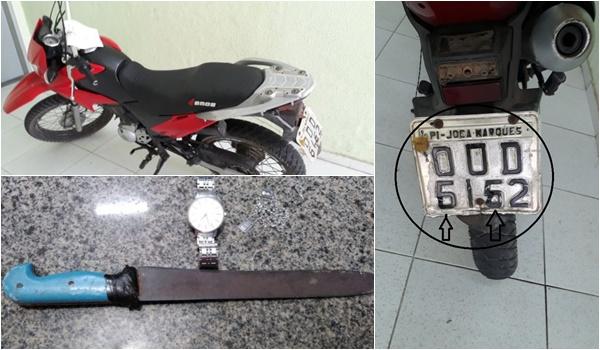 Moto e facão apreendidos pela guarnição da PM em Parnaíba