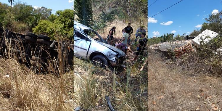 Veículos capotaram e foram parar fora da pista de rolamento