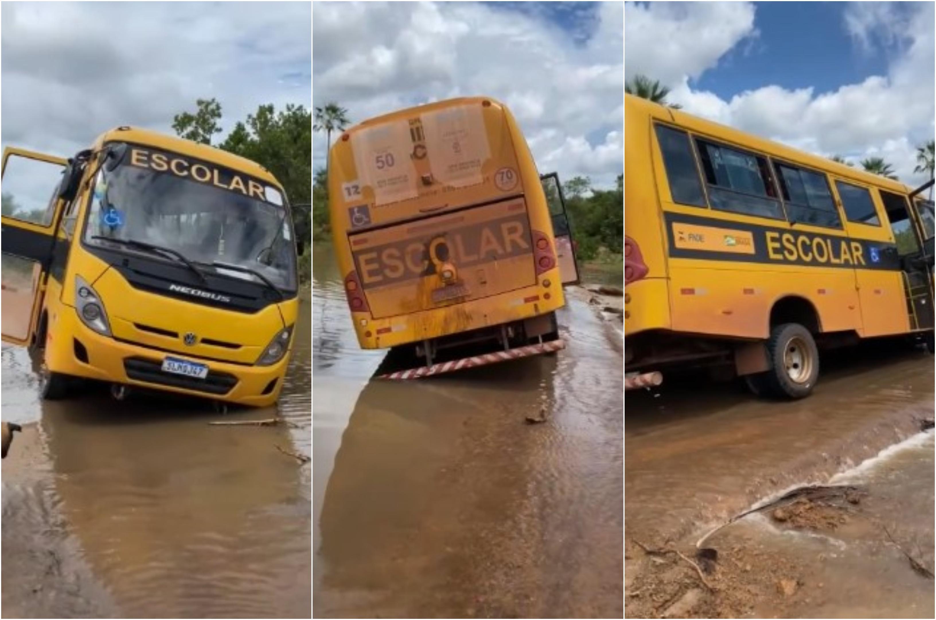 Estrada em condições críticas expõe risco e provoca atoleiro com ônibus escolar