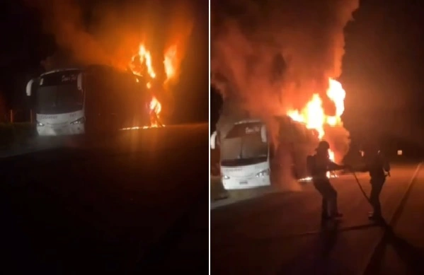 Ônibus de turismo pega fogo em Floriano