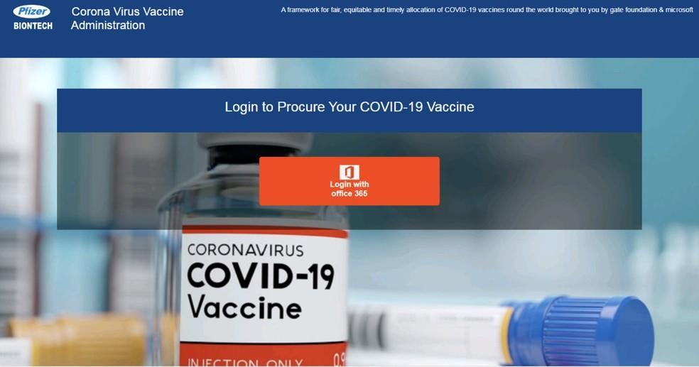 Site falso da Pfizer prometendo cadastramento para vacinação. Página tentava roubar senhas do Microsoft 365