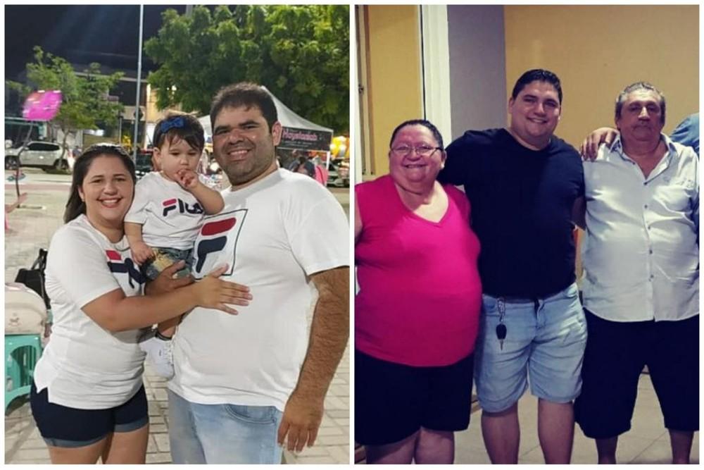 À esquerda, Vivian de Oliveira com a filha e o marido, que morreu por Covid-19. À direita, a mãe, o irmão e o pai de Vivian, também vítimas da doença.