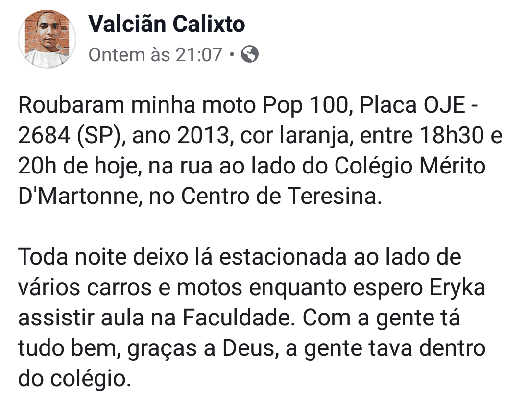 Jornalista pede ajuda para encontrar a moto no Facebook