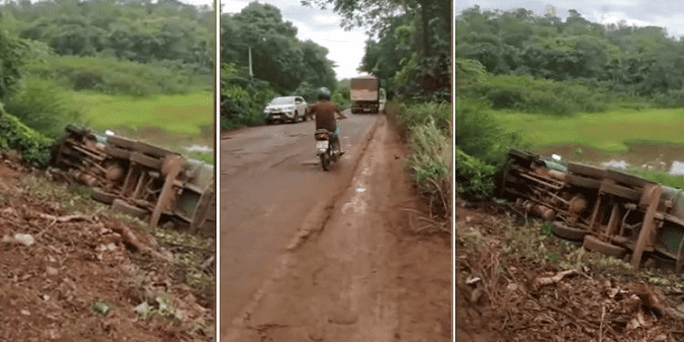 Caminhão tomba e motorista fica ferido ao pular do veículo em movimento