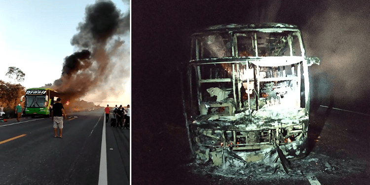 Ônibus vindo de São Paulo pega fogo na BR-135 no Piauí