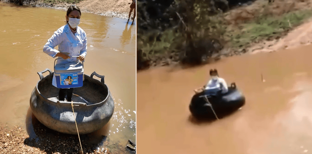 Técnica em Enfermagem atravessa rio em pneu para vacinar idosos