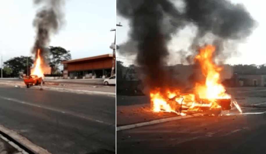 Carro pega fogo na avenida Universitária