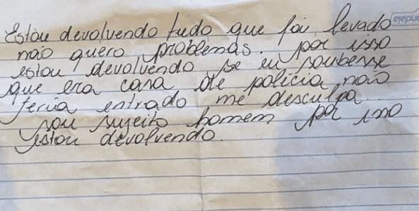 Ladrão se arrepende e deixa bilhete pedindo desculpas