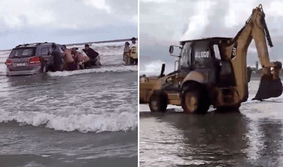 Trator remove carro atolado na praia de Atalaia