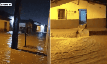 Chuva alaga ruas e casas em Batalha