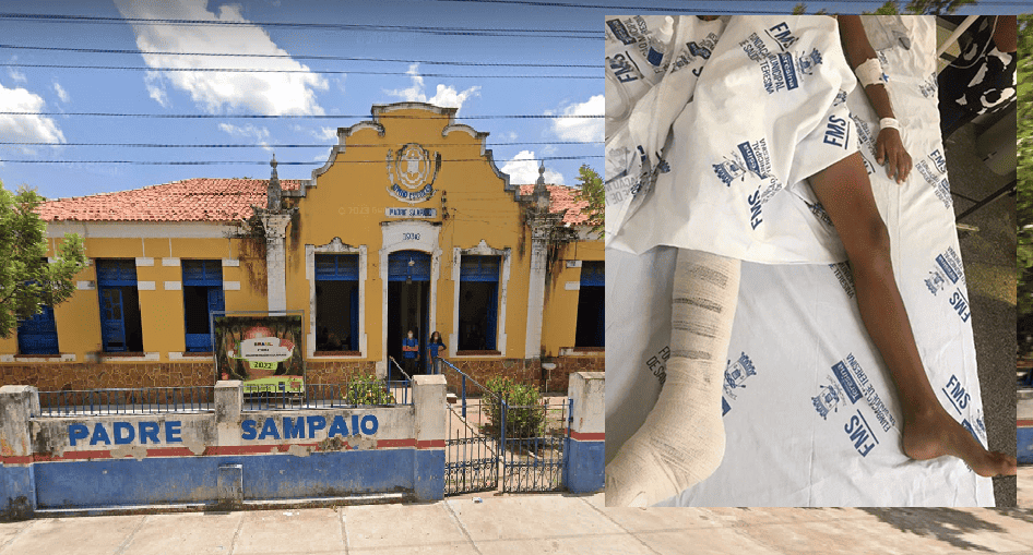 Fachada da escola Municipal Padre Sampaio e aluno no hospital