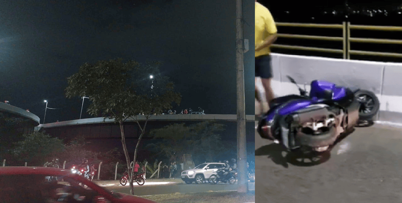 A moto colidiu com um carro e o motociclista caiu da ponte