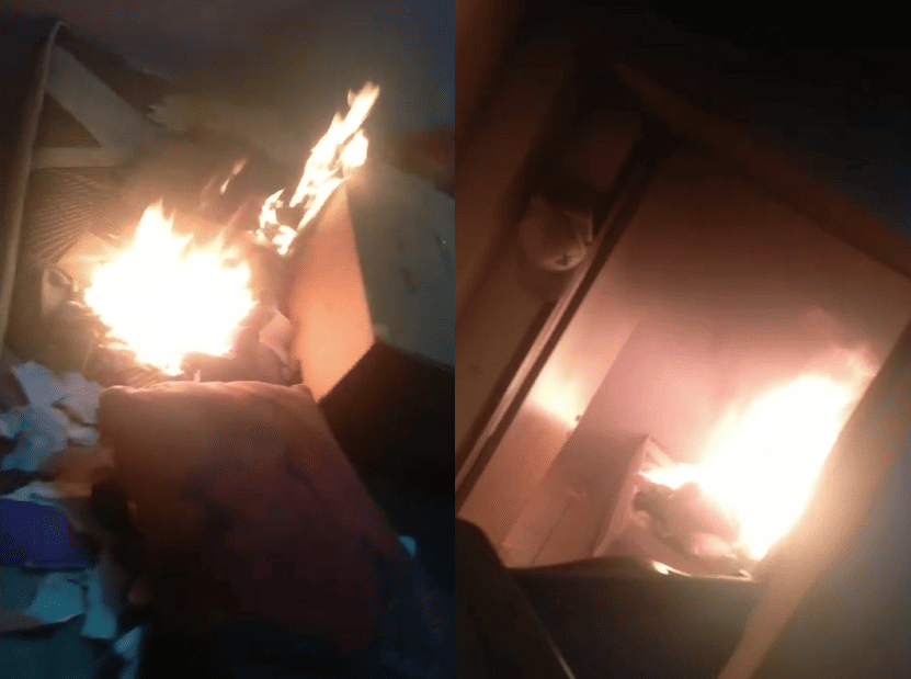 Interior da residência em chamas