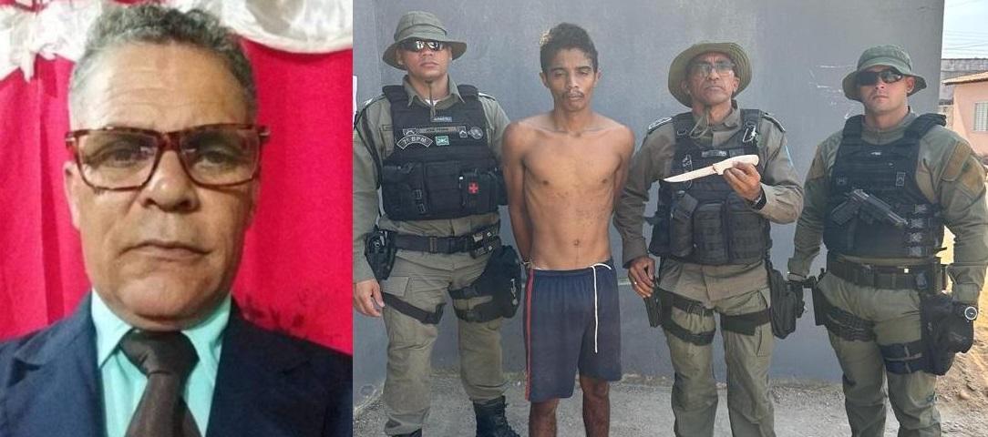 Pastor Sulpício da Silva Neto (à esquerda) e suspeito do crime com os policiais