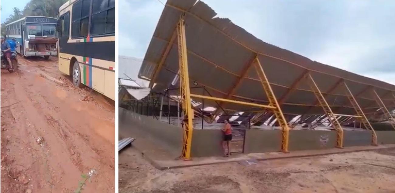 Ônibus atolados e teto de quadra esportiva no chão