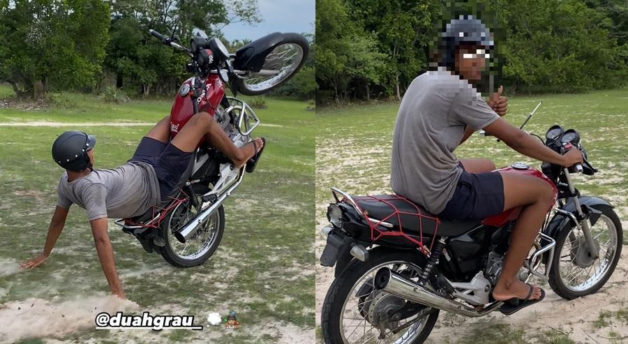 O adolescente tem uma motocicleta sem placas que usa para praticar "grau"