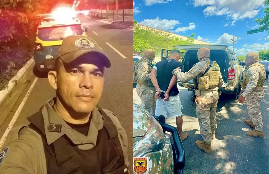 Sargento Galvão à esquerda e suspeito do crime sendo preso à direita