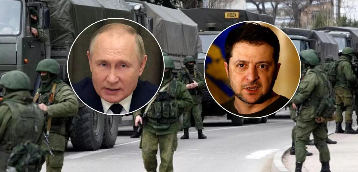 Presidentes Vladimir Putin (Rússia) e Volodymyr Zelensky (Ucrânia)