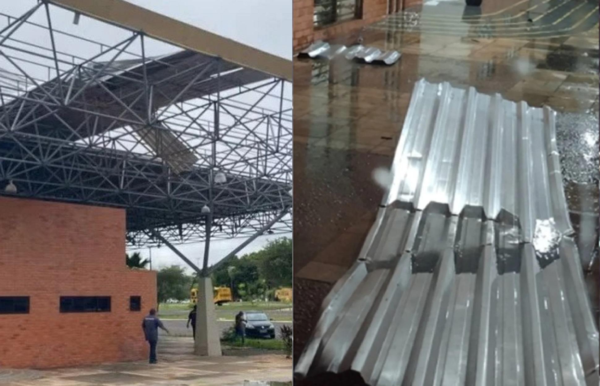 O vento arremessou as telhas metálicas do teto da universidade