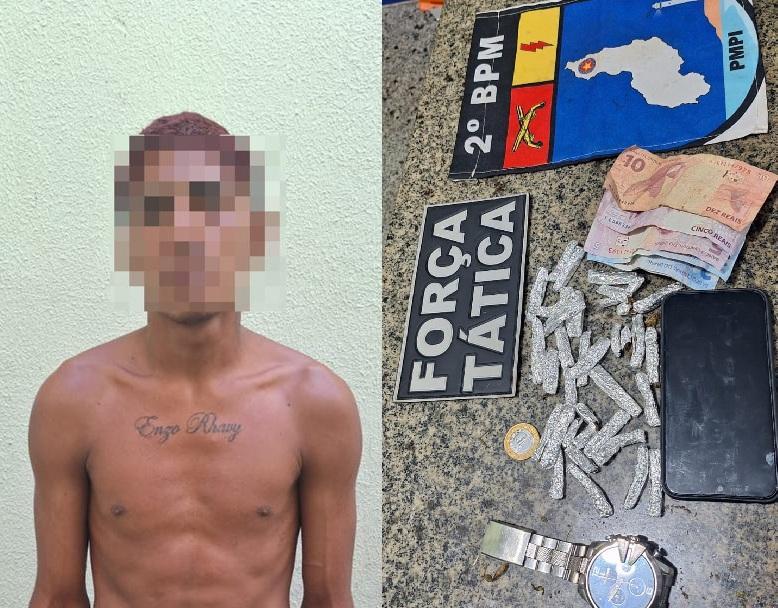 Policiais apreenderam 3 porções de maconha e cerca de R$ 29 em dinheiro, além de um relógio e um celular
