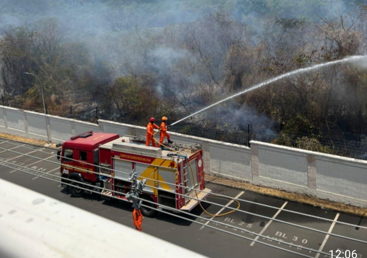 Homens do Corpo de Bombeiros controlando as chamas por volta 11h30